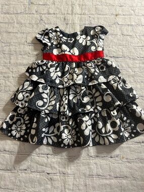 CARTER’S DARE GREY AND IVORY SWIRL WITH RED SATIN RIBBON TIE TIER BOTTOM 12 MOS